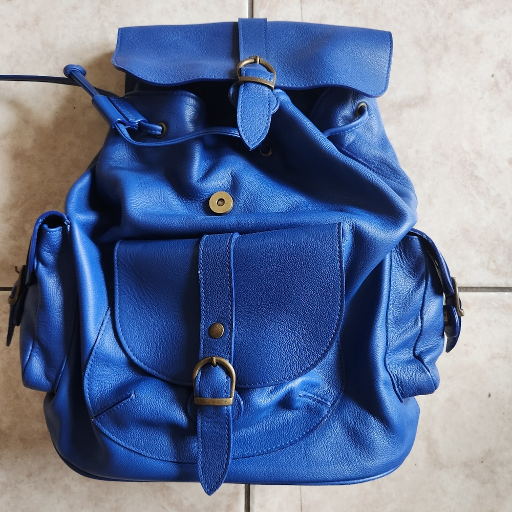 Blue Leather Drawstring Backpack Bag - Picture 2 of 5